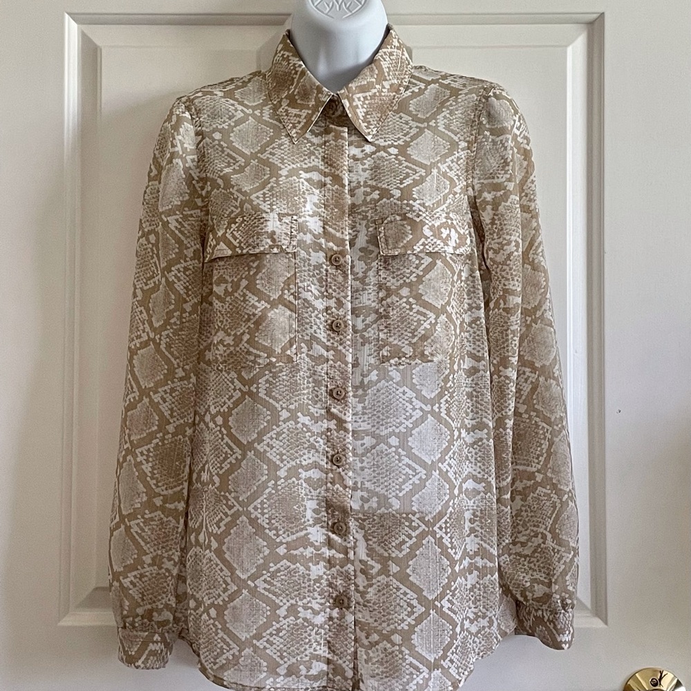 Dana Buchman Sheer Snake-print Blouse 🐍 Gold threads!